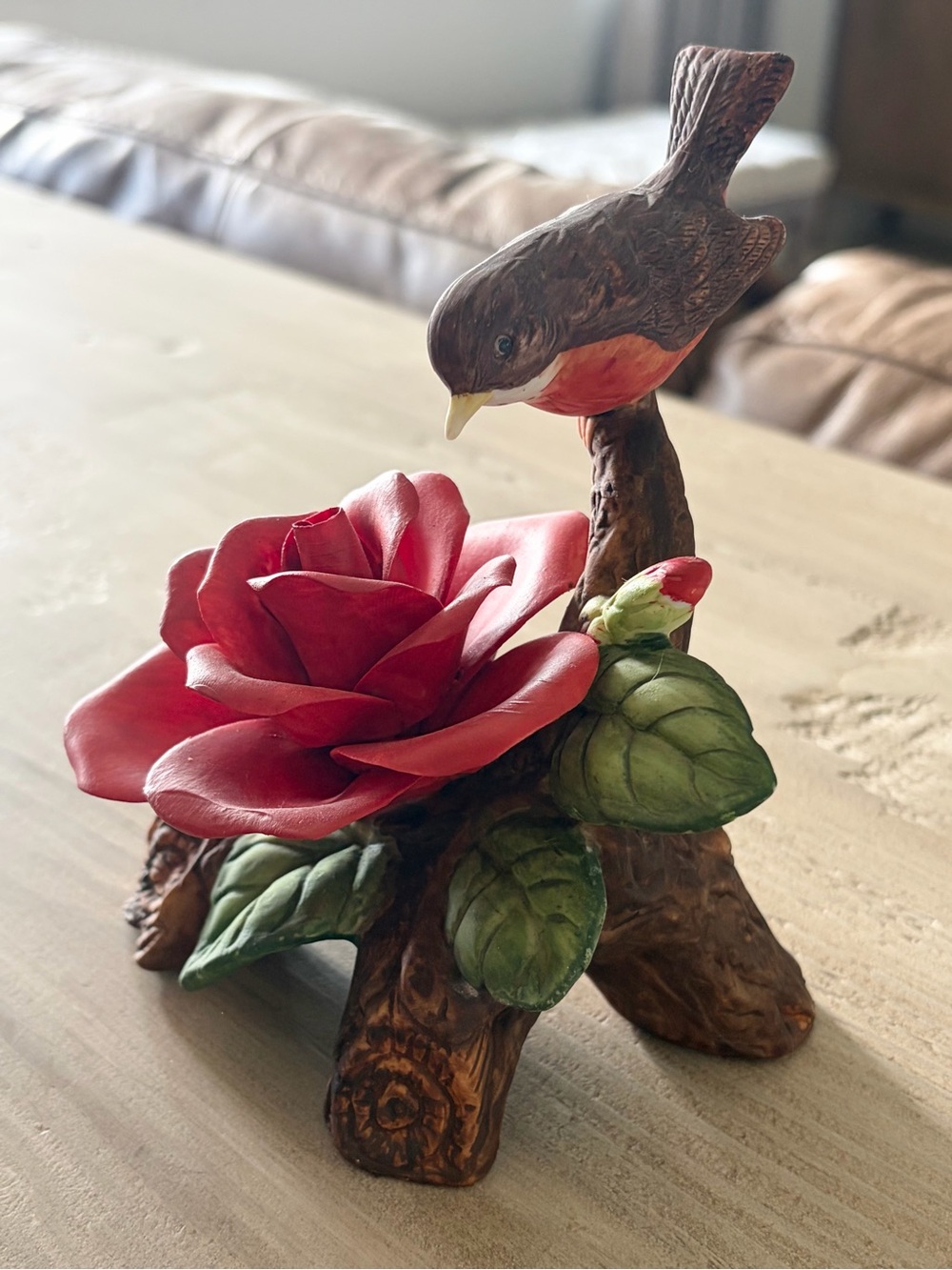 VINTAGE BIRD ON BRANCH WITH ROSE PORCELAIN FIGURINE - REPAIRED